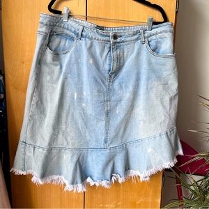 City chic denim skirt with distressing and asymmetric hem.